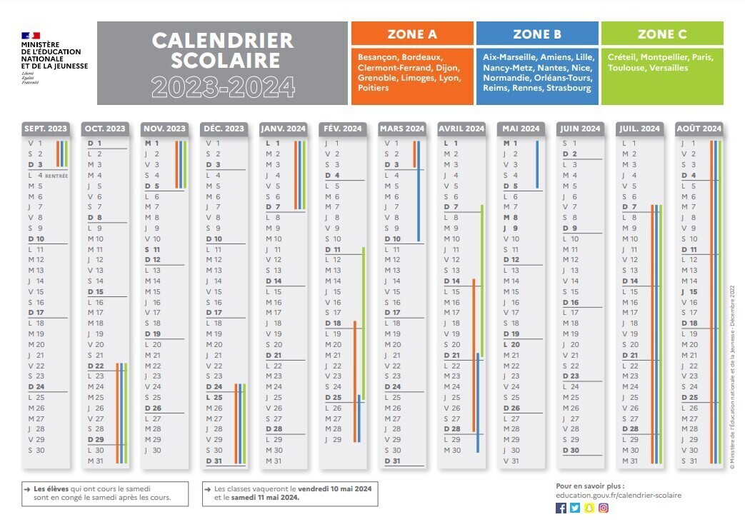 Calendrier scolaire 2023/2024