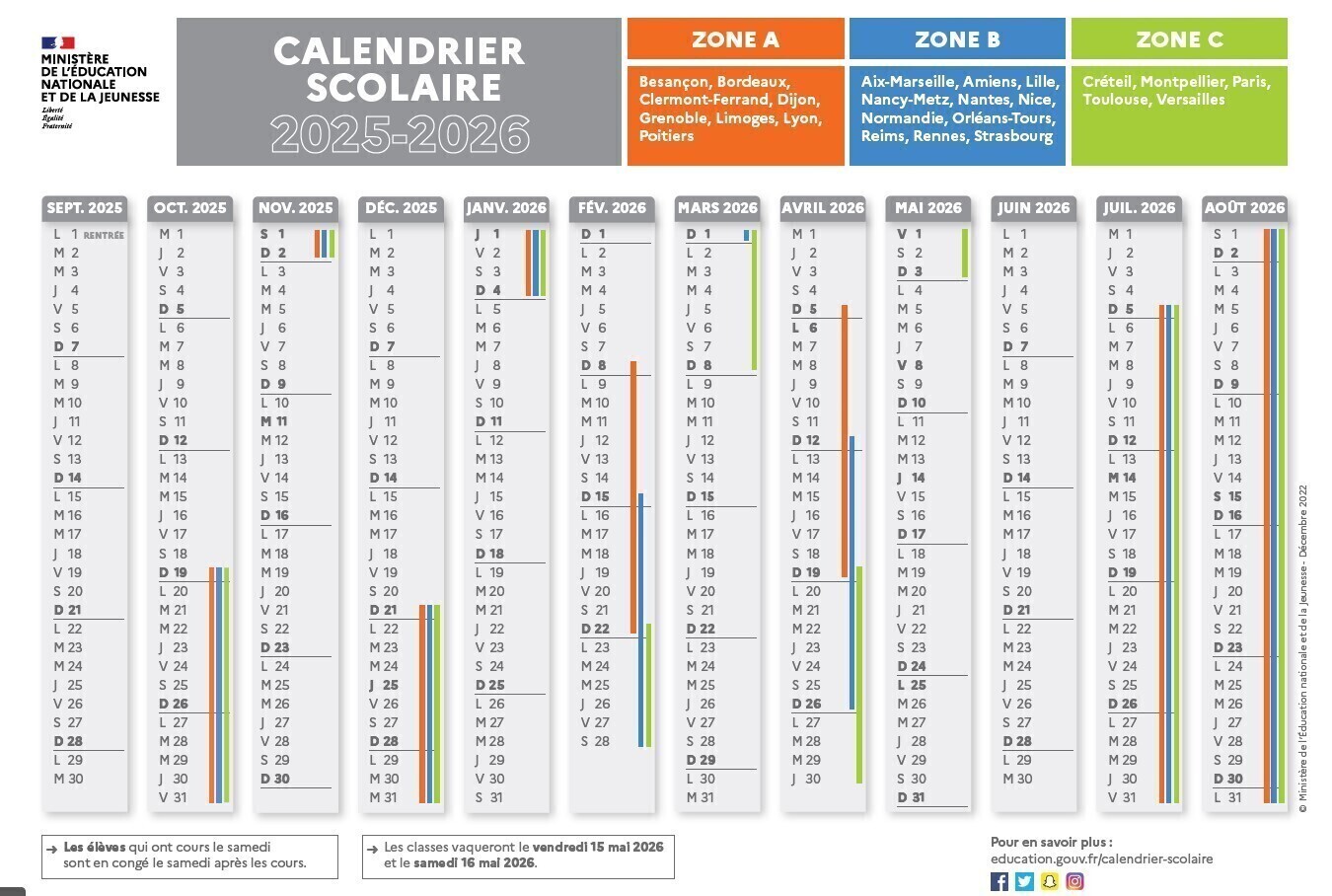 Calendrier scolaire 2025-2026